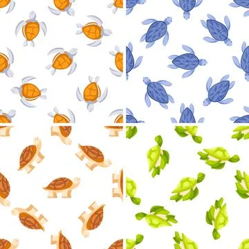 Four seamless patterns with walking and swimming turtles in different colors Stock Illustration