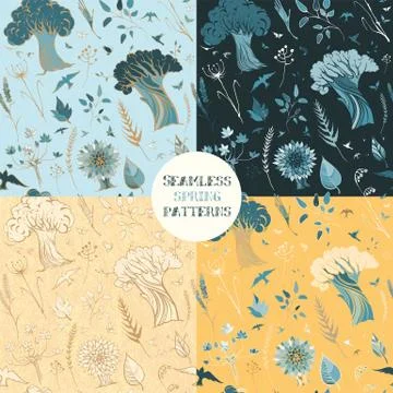 Four seamless spring patterns with plants, birds and butterflies Stock Illustration