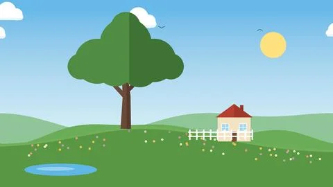 Four seasons changing on a tree hill from spring to winter, flat vector vec.. Stock Illustration