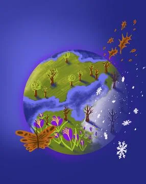 Four seasons reflected over globe on bright blue background Stock Illustration