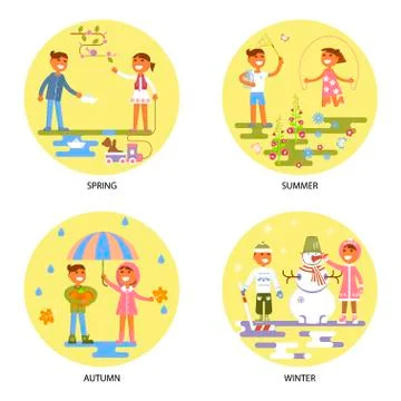 Four seasons set with babies Stock Illustration