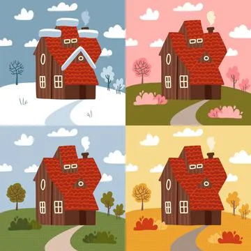 Four seasons - set of flat design style concepts. Modern images with a Stock Illustration