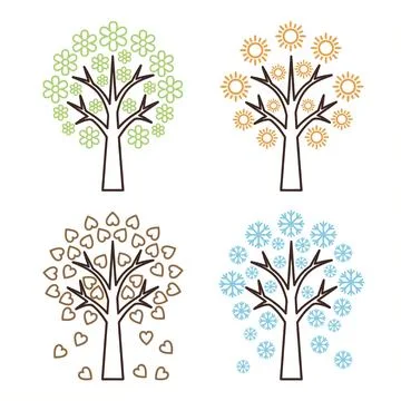 Four Seasons Tree Icons Representing Spring Summer Autumn Winter Cycles. Stock Illustration