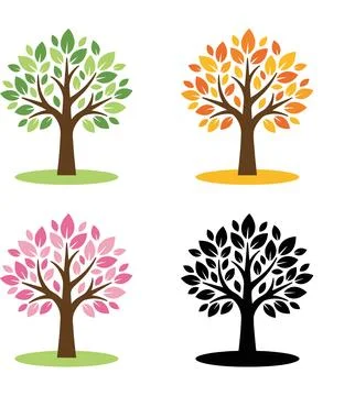 Four Seasons Tree Illustrations in Different Colors and Styles. Stock Illustration