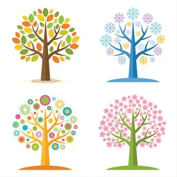Four Seasons Tree Illustrations - Spring, Summer, Autumn, Winter. Stock Illustration
