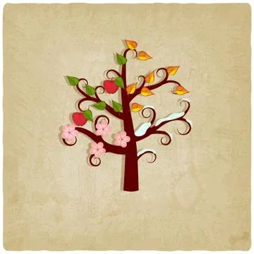 Four seasons trees old background Stock Illustration