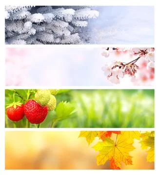 Four seasons of year. Set of horizontal nature banners with winter, spring,.. Stock Illustration
