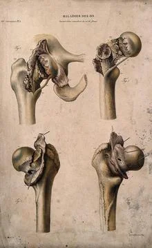 Four sections of diseased bone, numbered for key. Coloured lithograph by Bn.. Stock Illustration