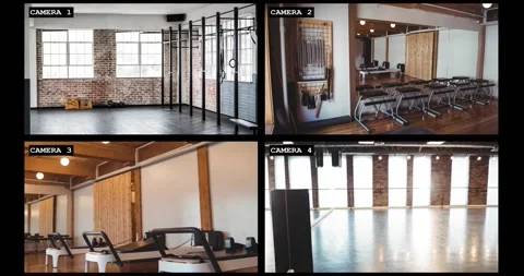 Four security camera views of fitness and therapy interiors with pool, slow Stock Footage 346371471