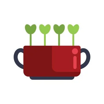 Four seedlings growing from a red cup planter Stock Illustration