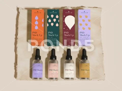 Four Serum Boxes Flat Lay Mockup PSD Template