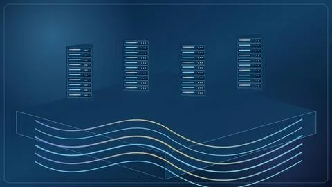 Four server racks connected by glowing data lines on dark tech background Illustrazione stock
