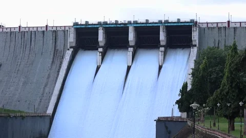 Four shutter dam with flowing water Stock Footage 158594314