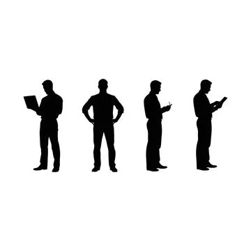 Four silhouette figures showing different ways of holding electronic device.. Stock Illustration