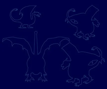 Four silhouettes of different types of dragons. The first one is a large dragon Stock Illustration