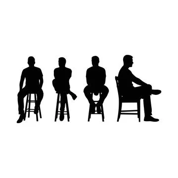 Four silhouettes of men sitting on different types of chairs in relaxed pos.. Stock Illustration