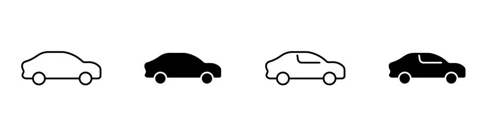Four simple car black and white outline solid fill driving auto motor vehicle Stock Illustration
