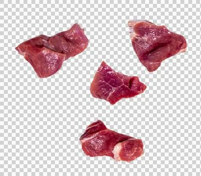 Four slices of falling raw beef meat isolated on white, clipping path, png Stock Photos