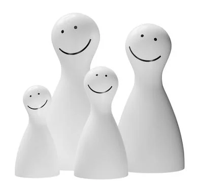 Four smiling figures stand together on a clear background. They vary in size  Stock Illustration