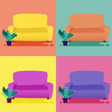 Four sofas set pop art illustration on a colorful background. Furniture pop Stock Illustration
