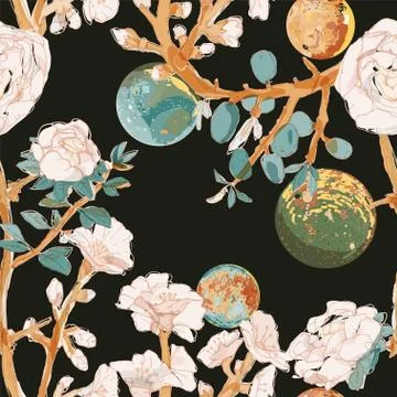 Four space planets and branches pink flowers on a endless black background. N Stock Illustration