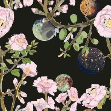 Four space planets and brunches pink flowers on a endless black background. N Stock Illustration