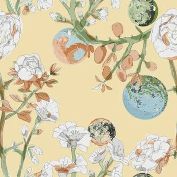 Four space planets, branches pink flowers and fruts on a endless yellow backg 스톡 일러스트