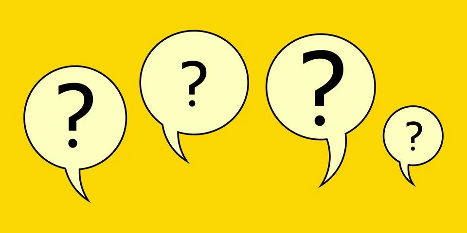 Four speech bubbles with question marks on a yellow background. Abstract vector  Illustrazione stock