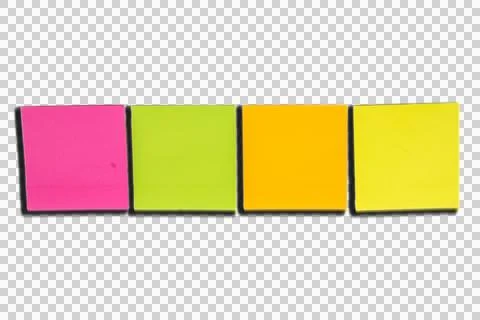 Four square adhesive sticky notes in a horizontal row, featuring pink, lime.. Stock Photos