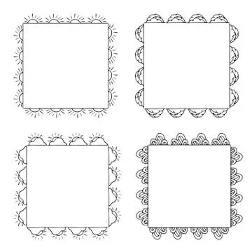 Four square black-and-white frames with suns, clouds and decorative elements. 스톡 일러스트