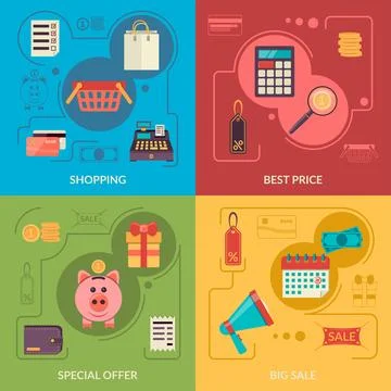 Four square composition banners with shopping icons in flat style Stock Illustration