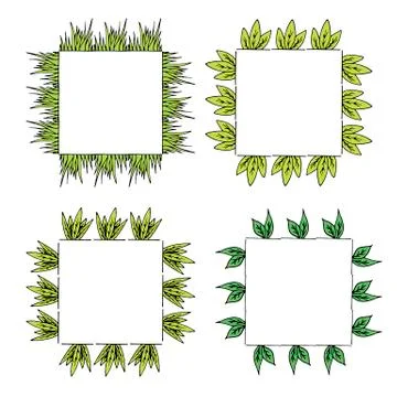 Four square  frames with green grass and leaves. Isolated frames on white Stock Illustration