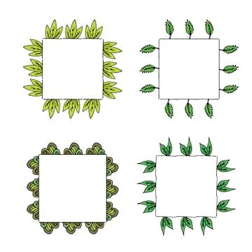 Four square frames with plant elements and green leaves. Isolated frames Stock Illustration