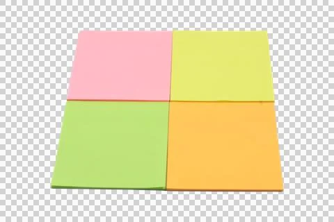 Four square sticky notes in pink, yellow, light green, and orange arranged .. Stock Photos