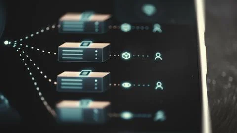 Four stacked server modules connect through dotted routes to application Stock-Fotos