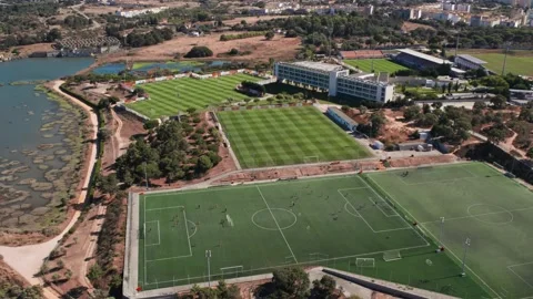 A four-stadium complex by a river. Aerial video. 스톡 동영상 201143668