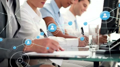 Four staff writing, checking screen single node forming network icons overlaying Stock Footage 331712972