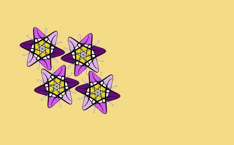 Four star‑like geometric patterns on yellow background イラスト素材