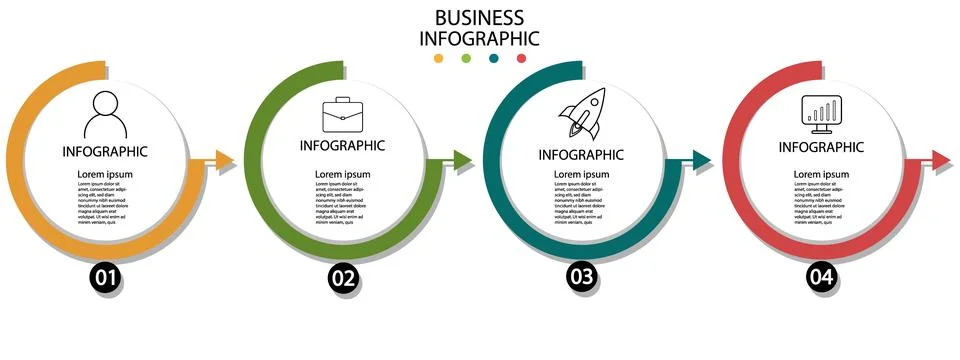 Four step circular workflow diagram with multicolored icons for business. Stockillustratie
