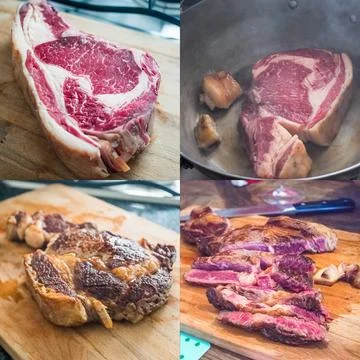 Four Step Process of Cooking a Dry Aged Beef Ribeye Stock Photos