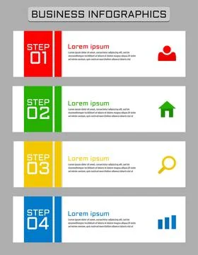 Four step process with red, green, yellow, blue color design template for b.. Stock Illustration