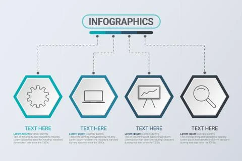 Four steps infographics. Workflow strategy or team work. Business hexagon tem Stock Illustration