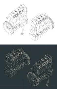 Four-stroke car engine isometric blueprints Illustrazione stock