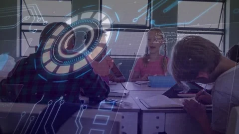 Four students sitting at desks for lesson, HUD shifting revealing code, girls Stock Footage 329899535