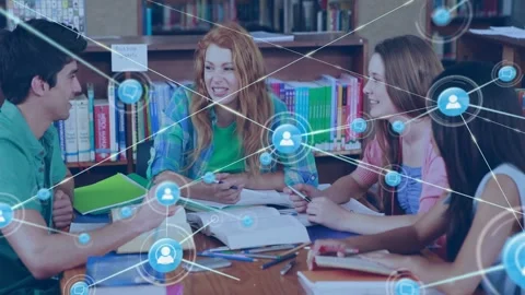 Four students studying in library, round node appearing, expanding network Video stock 330002957