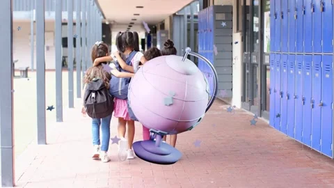 Four students walking school hall stepping making 3D globe emerging rotating Stock Footage 339494794