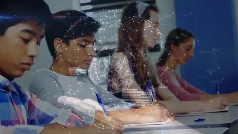 Four students writing with blue pens, camera panning, code globe growing over Stock Footage 330756355