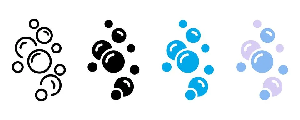 Four styles of bubble in black blue and purple on white background bubbles .. Stock Illustration