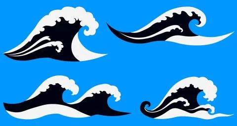 Four stylized black and white wave illustrations on blue background 스톡 일러스트