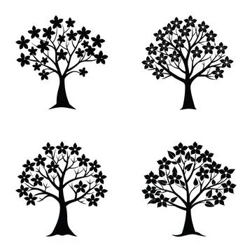 Four stylized black silhouette trees isolated on white background Stock Illustration